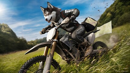 Siberian Husky is actively riding an enduro motorcycle on motocross track.