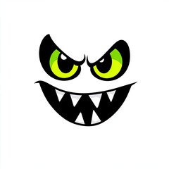 Evil grin face with glowing green eyes, Simple cartoon face with a menacing grin and bright green eyes, exuding a creepy and mischievous expression.

