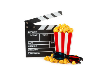 Tasty caramel popcorn in buckets and cold cola drinks with cinema tickets, movie clapper and 3D...