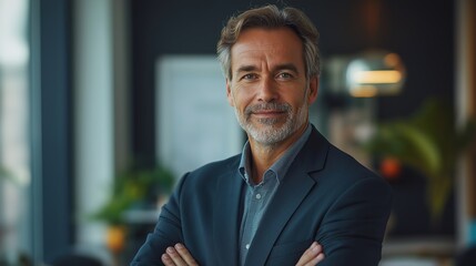 Obraz premium A smiling mid-aged businessman executive standing confidently in an office, showcasing his maturity and professionalism as a successful manager and investor, looking directly at the camera in a portra