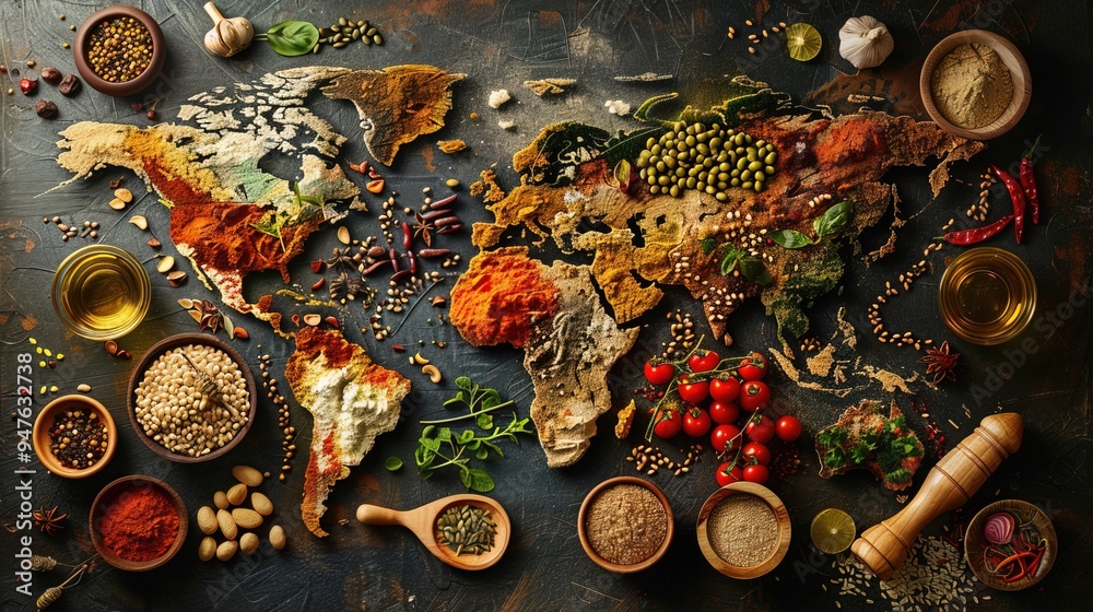 Wall mural Food from many countries, parts of the world, representing diverse cuisines and cultures. Map world food 