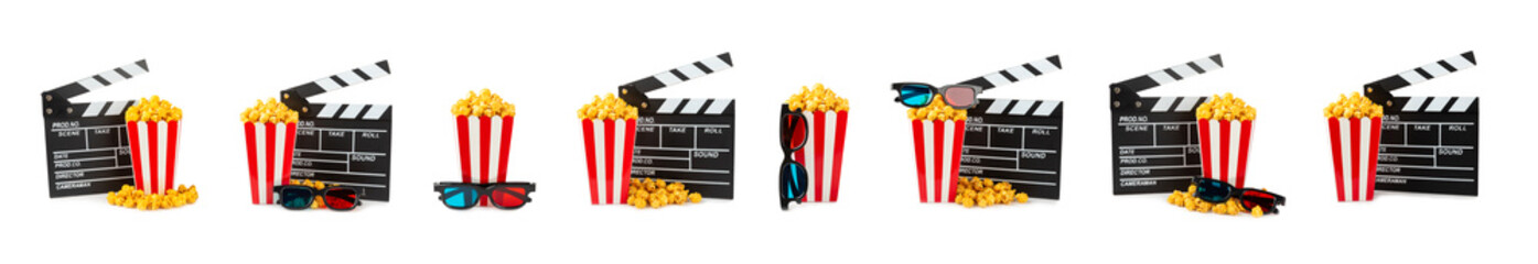 Tasty caramel popcorn in buckets and cold cola drinks with cinema tickets, movie clapper and 3D...