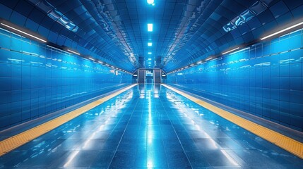 Obraz premium Empty Subway Tunnel with Blue Tiles and Fluorescent Lights