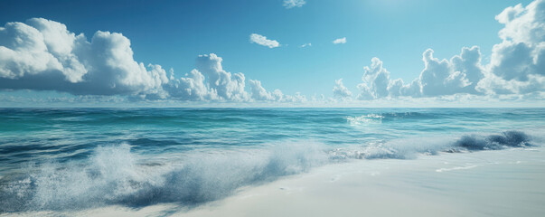 Fototapeta premium Tranquil Seascape A Serene Panorama of a Long Stretch of Deserted Coastline, the Endless Beach, and Crystal Clear Waters Under a Bright Blue Sky
