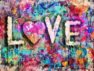 Fototapeta premium Colorful Graffiti-Style Love Text with Heart. Vibrant Urban Art Featuring Love and Hearts
