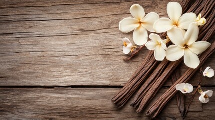 Vanilla Pods and Flowers on Rustic Wooden Background