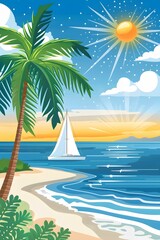 Obraz premium Tropical Beach Sunset With Sailboat