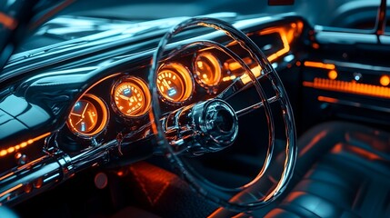 Fototapeta premium Retro Futuristic Time Machine Hidden Inside Classic Car Dashboard