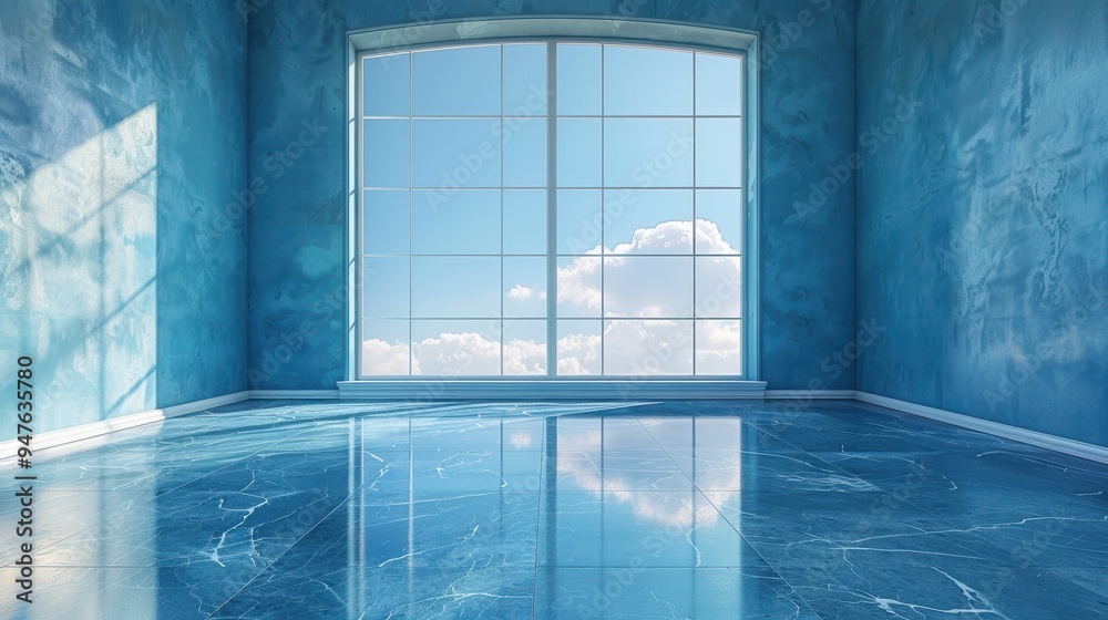 Poster empty room with large window and blue marble floor