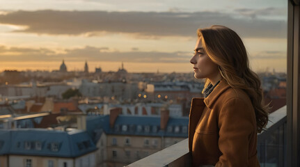 Woman in Brown Coat Contemplating City Skyline at Sunset