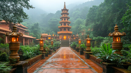 Tranquil Buddhist Pagoda in Misty Setting with Illuminated Lanterns Creating a Peaceful Atmosphere