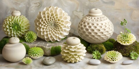 Obraz premium Decorative Ceramic Flowers and Stones Still Life