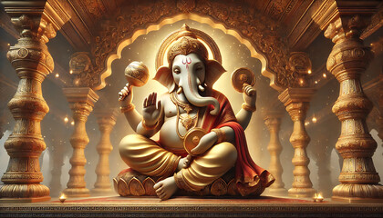 Fototapeta premium The image shows a golden statue of the Hindu deity Ganesha inside an ancient temple, rich with intricate decorations and patterns, highlighting the religious and cultural significance of the site in A