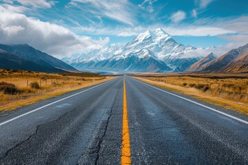 Naklejka premium A winding road leading towards a majestic snow-capped mountain range