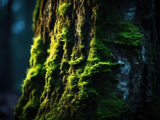 Close-up of a moss-covered tree trunk in a forest. The moss is a vibrant green and the tree bark is rough and textured. Sunlight highlights the moss, making it glow.