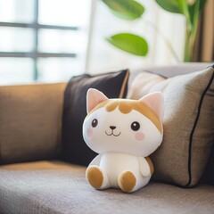 a cute plush toy cat lying on a sofa at home