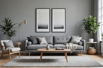 Stylish scandinavian interior of living room with design grey sofa, retro wooden table, mock up poster frame, decoration , carpet and personal accessories in elegant home decor