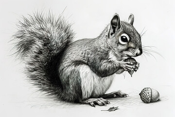 squirrel with acorn realistic pencil illustration on white background © Margarita Vais 