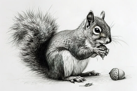 squirrel with acorn realistic pencil illustration on white background
