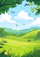 Obraz premium Green Meadow Summer Landscape Illustration