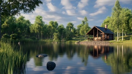 34. "A tranquil 3D scene of a cozy cabin by a serene lake with reflections of surrounding trees