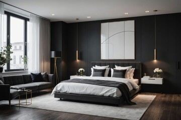 minimalistic stylish interior of luxury apartment with white stylish bedroom and dark living room