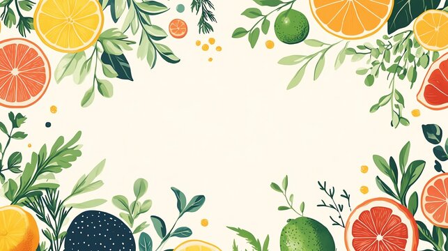 Colorful citrus fruit and green leaves frame a white background.