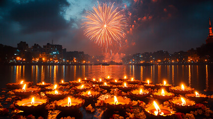 Magical Diwali Night - Rows of Lit Diyas and Sparkling Fireworks Illuminating the Sky