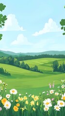 Fototapeta premium Summer Landscape Illustration with Green Hills and Flowers