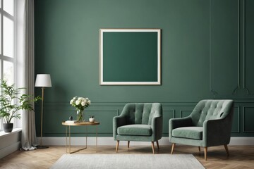 Green living room wall background with grey decorative chair, lamp frame middle table and poster style