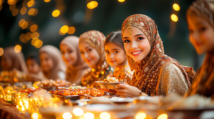 Joyful Eid al-Fitr Gathering: Families in Traditional Attire Celebrating Under Twinkling Fairy Lights