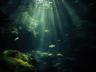 Fototapeta premium Sunbeams illuminate a dark underwater cavern with small fish swimming in the water.