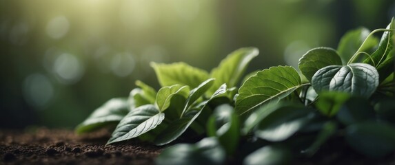 Obraz premium Lush Green Leaves Emerging from Soil in Sunlight