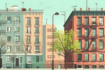 Illustrated Cityscape with Buildings and Tree