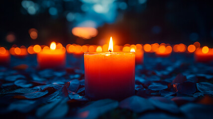 Twilight Candle-Lighting Ceremony with Glowing Flames Against Dark Background