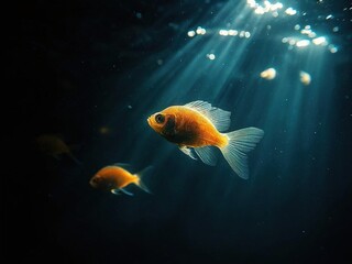 Two orange fish swim through dark water illuminated by a single ray of sunlight.