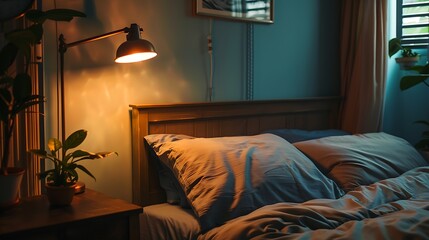 A bright tabletop lighting next to the bed is seen up front