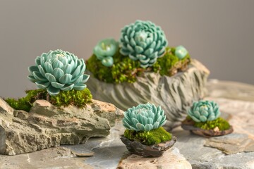 Green Succulents on Rock and Moss Arrangement