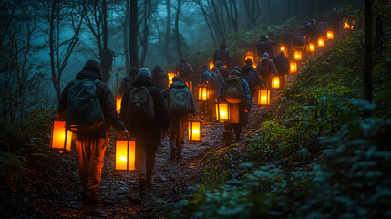 Pilgrims On Sacred Journey: Climbing Steep Path With Glowing Lanterns Illuminating Their Way Through Spiritual Pilgrimage