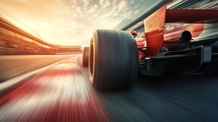 A skilled driver maneuvers a powerful car around a winding track leaving a blur of colors in the warm glow of the setting sun as adrenaline fills the air