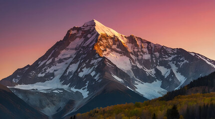 Majestic Mountain Peak at Sunset with Snow and Fall Foliage