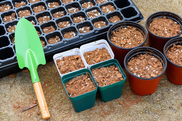 Green shovel and soil fertilizer in a pot for planting is preparing fertilizer for agricultural...