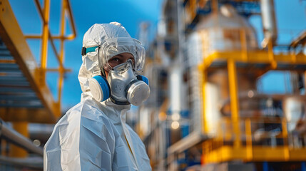 A man in a gas mask and a white protective suit with glasses against the background of a factory.