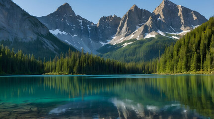 Mountain Peaks Reflecting in a Still Turquoise Lake