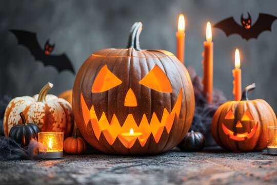 A Halloween table setting with carved pumpkins and burning candles