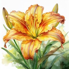 Fototapeta premium A vibrant orange lily blossom with delicate petals and fresh green leaves, perfect for nature and floral themes.