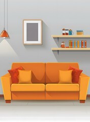 Modern Living Room Interior Design with Orange Sofa and Picture Frame