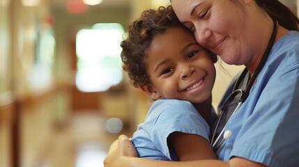 Fototapeta premium Pediatric nurse comforting young patient