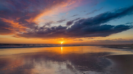 Obraz premium Sunset Over a Calm Beach with Reflections