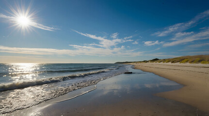 Sunlit Beach with Rolling Waves and a Sunny Sky